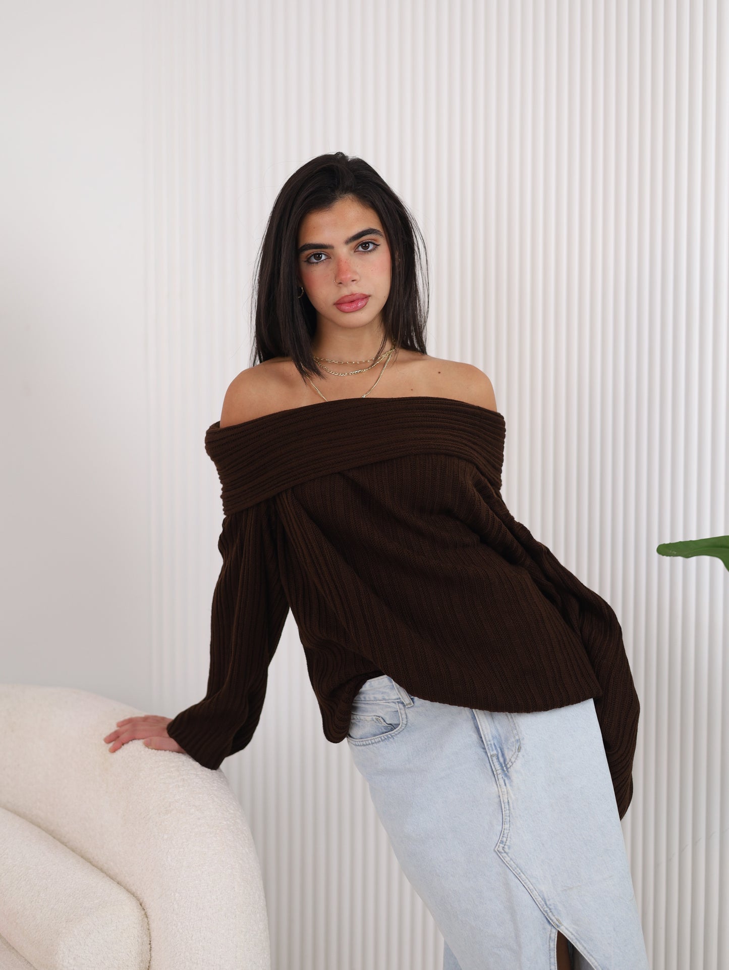 Off-Shoulder Knit - Brown